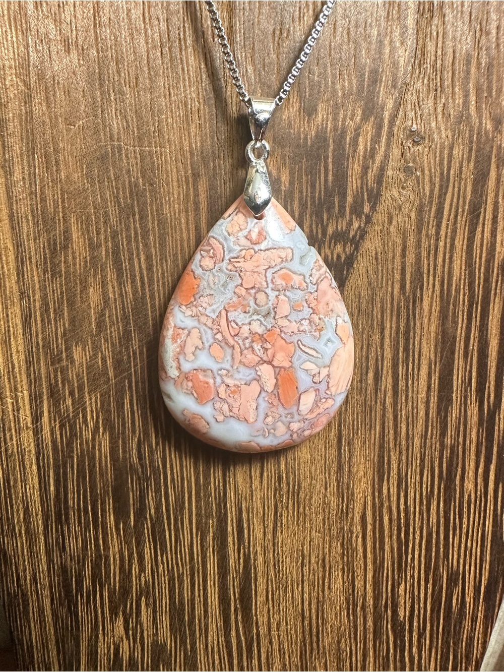 RESERVED Petal Agate Teardrop Pendant Necklace on Chain - Picture 7 of 11